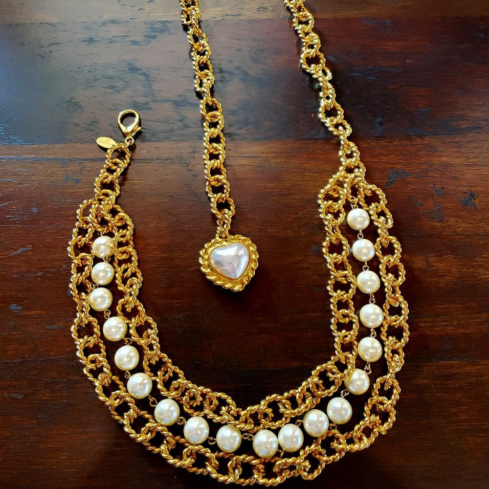 Vintage CAROLEE Runway Pearl Gold Rope Chain Statement Backless Dress Necklace